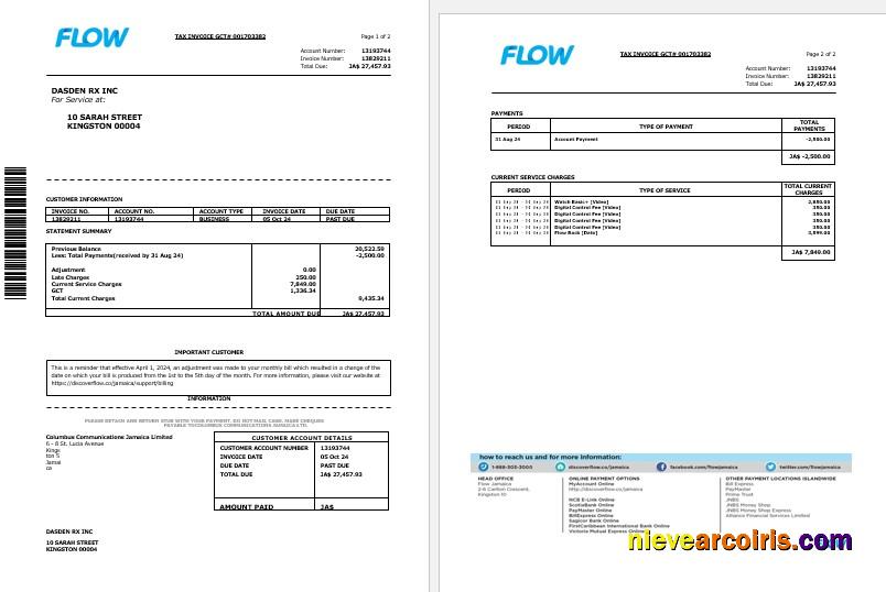 Jamaica Flow tax invoice cable and internet business utility bill, 2 pages